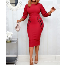 Slim Red Lantern Sleeve Slit Wrap Pocket with Zipper Lady Career Dress